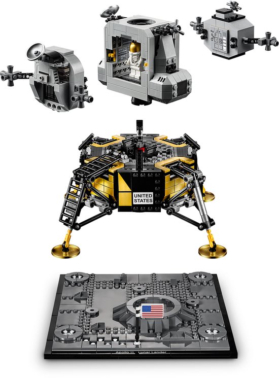 LEGO Apollo 11 Maanlander met gouden accenten, ladder, vlag en drie modules.