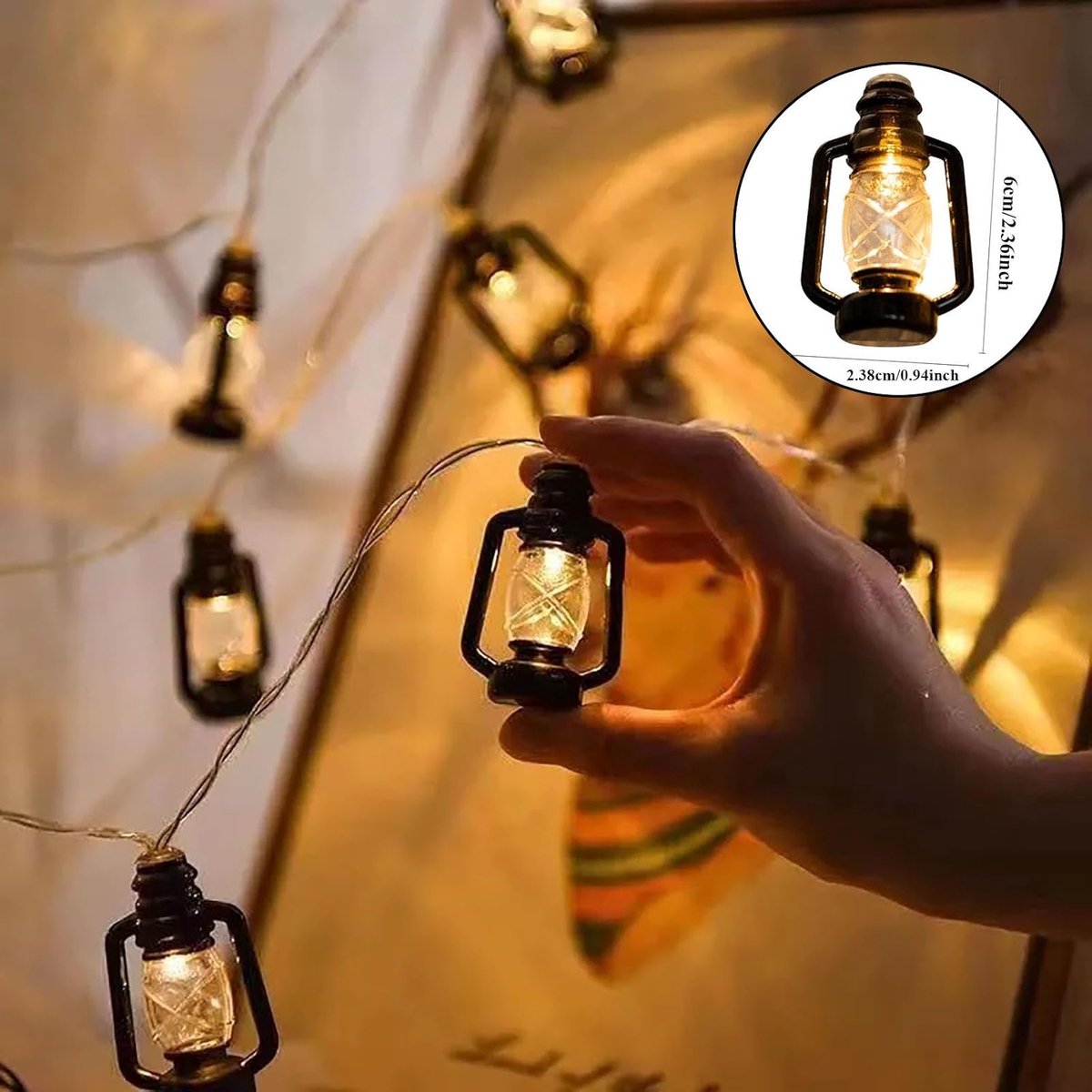 3m LED Lantaarn Lichtslinger - 20 Mini Lampjes Warm Wit Licht - Zwarte Retro Petroleumlamp Stijl - Batterijgevoed & Waterdicht - Sfeervolle Decoratie voor Binnen & Buiten - Perfect voor Tuin, Terras, Bruiloft & Kerst - Eenvoudig te Hangenaan — cadeau in Wonen & Interieur - foto 3