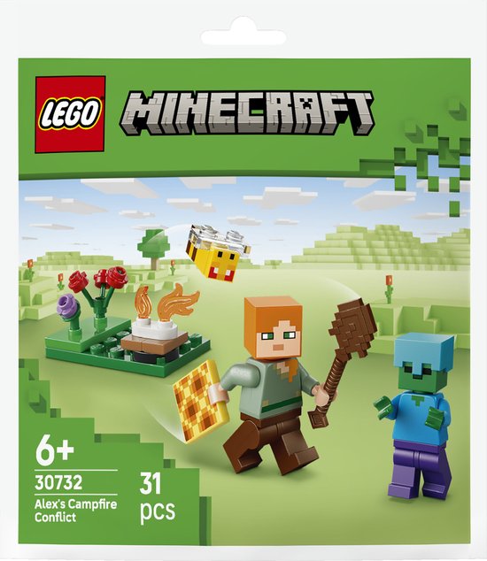 LEGO Minecraft: Alex's campfire conflict set met Alex, een zombie, bij, kampvuur en bloemen.