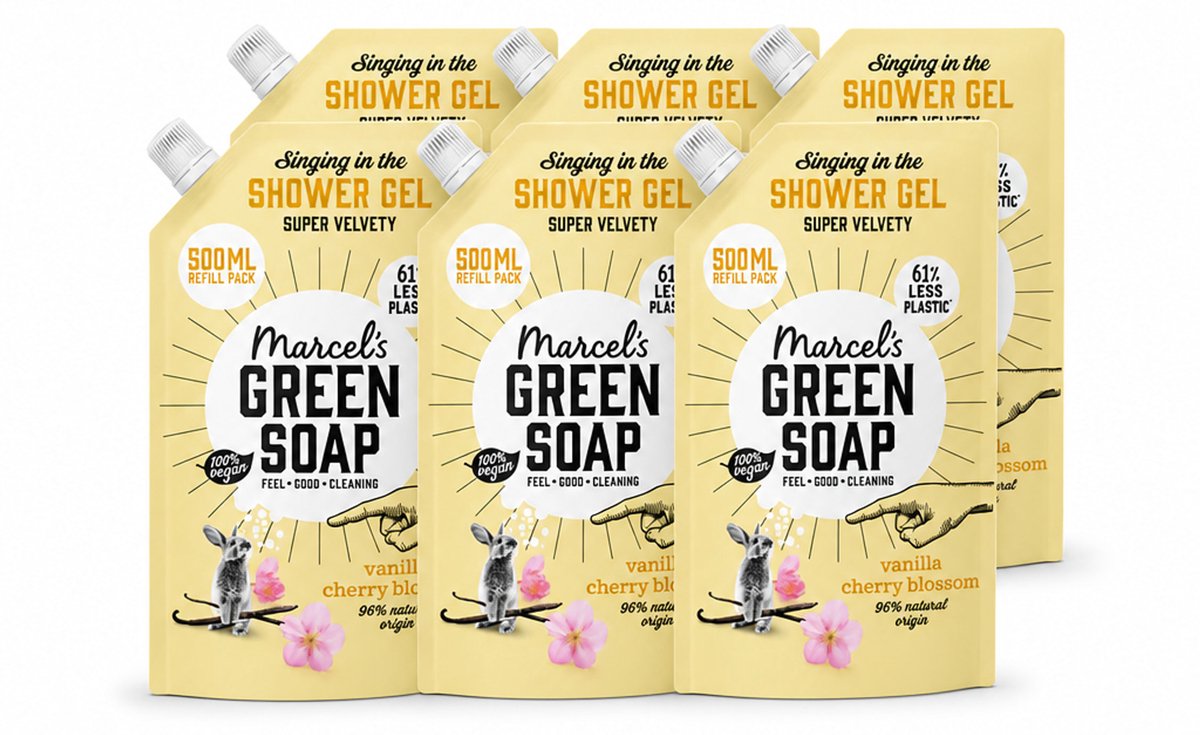 6 x Marcel's Green Soap - Shower Gel - Navulling - Vanille & Kersenbloesem - Krachtige werking - 500 ml - Voordeelverpakking - 6 stuks