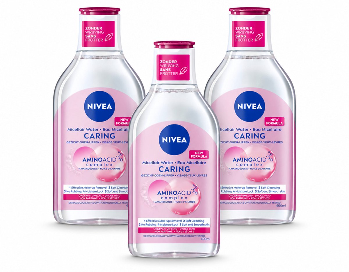 3 x NIVEA - Micellair Water - Essentials Verzachtend & Verzorgend - Voor droge huid - Met Amandelolie & Aminozuren - 400 ml - Bulkverpakking - 3 stuks