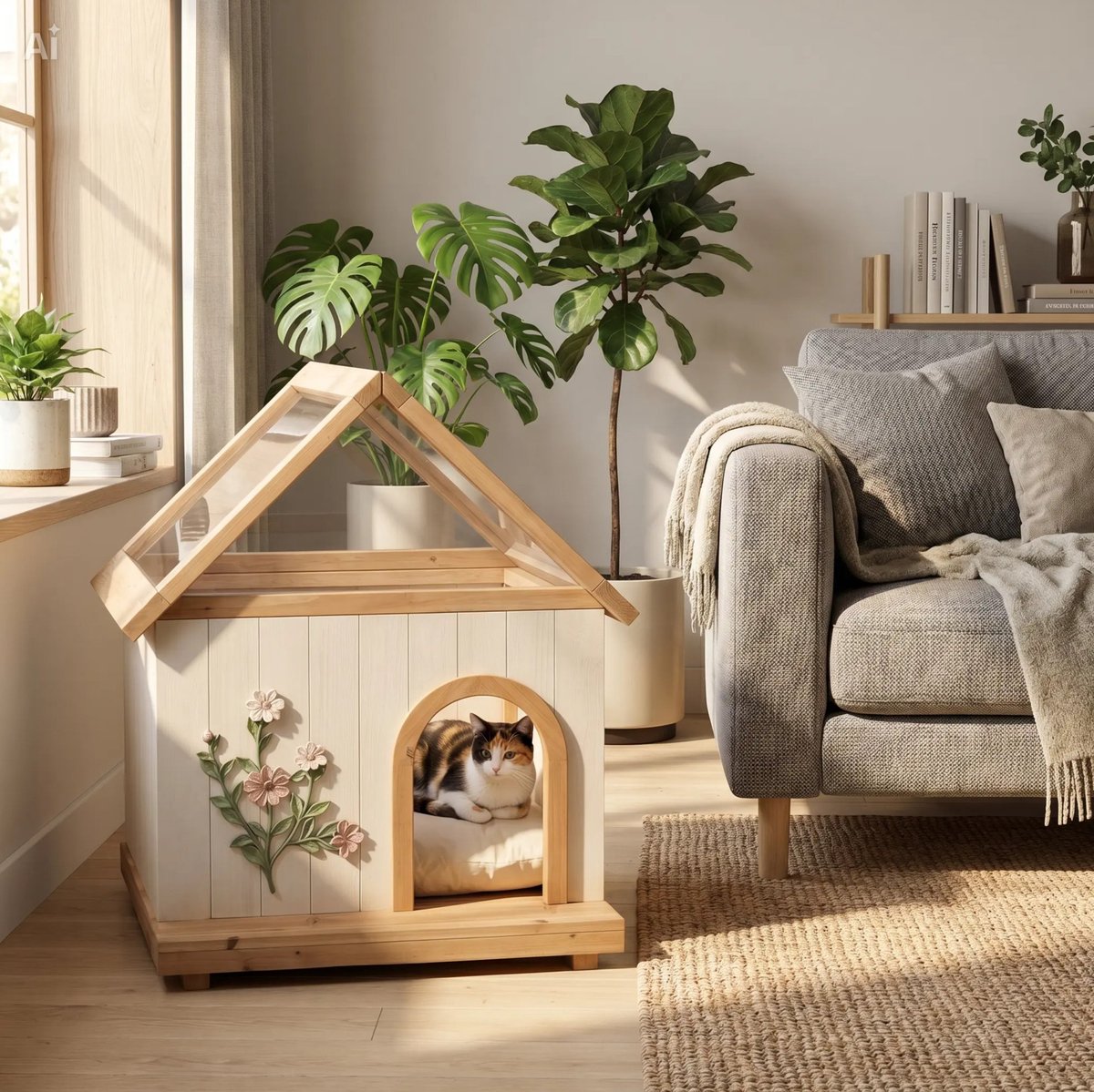 Kattenhuis Houten – 600 x 550 x 800 mm – Acryl Dak – Hout – Wit – Binnengebruik en Halfbeschut Buiten – Afneembare Voorplaat