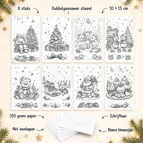 Set van 8 blanco dubbelgevouwen kerstkaarten om in te kleuren, 10x15 cm. Met afbeeldingen van o.a. de Kerstman, rendieren, sneeuwpoppen en een kerstboom.