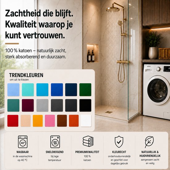 Showroom badkamer met grote douche, wasmachine en 16 kleurselecties van handdoeken.