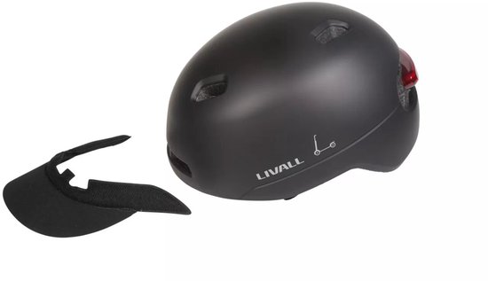Matzwarte Livall C21 fietshelm met vizier en achterlicht. SOS-functie en remlicht.