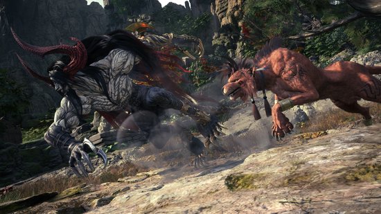 De roodharige Honds (Red XIII) en een grote, gespierde man met rode hoorns vechten in een rotsachtige omgeving.