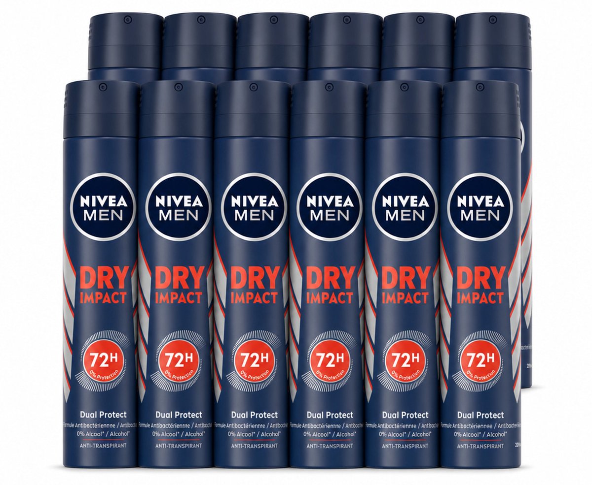 12 x NIVEA MEN – Anti-transpirant spray – Dry Impact – 200 ml - Voordeelverpakking - 12 stuks