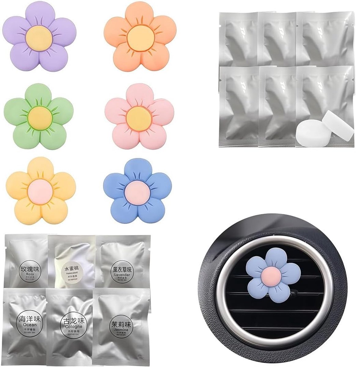 Set van 6 etherische olie luchtverfrissers voor auto, aromatherapie, oliediffuser en ventilatieclip met 12 ronde sponzen