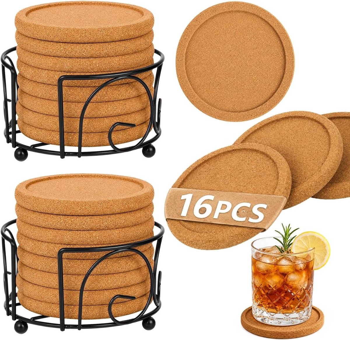 Set van 16 Houten Onderzetters met 2 Houder - Retro, Absorberend en Warmtebestendig voor Thuis, Restaurant en Kantoor