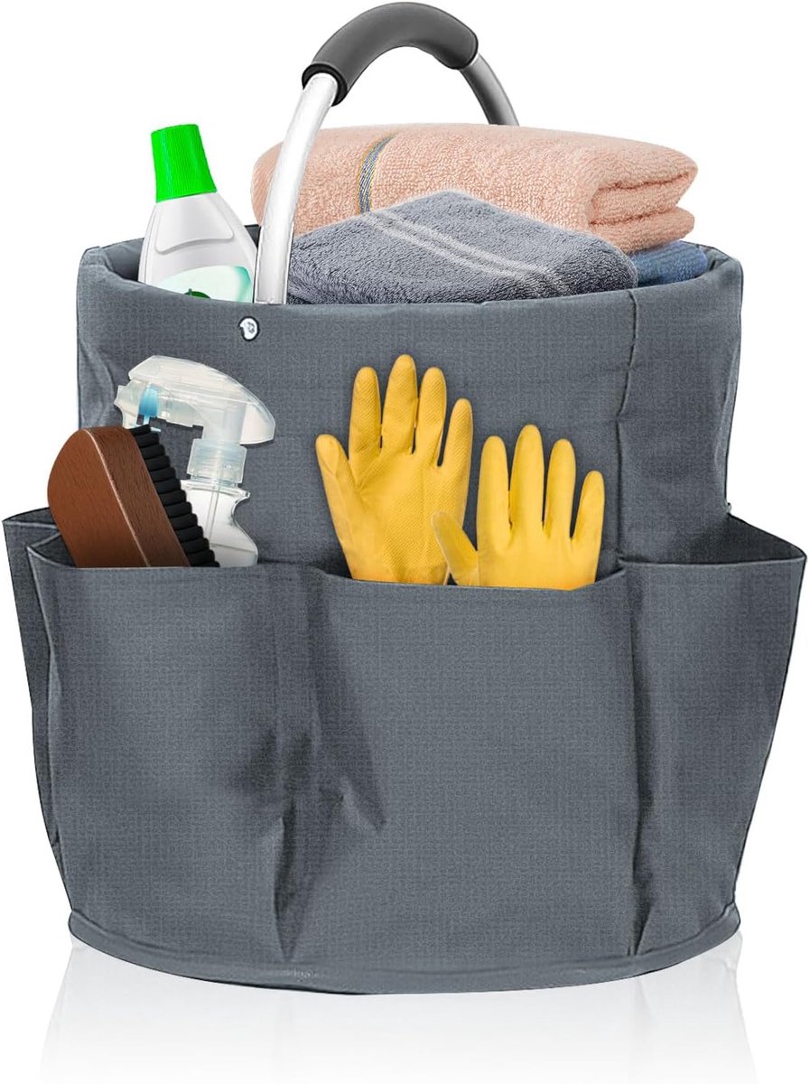 Opvouwbare Schoonmaakmand - Draagbare Schoonmaak Caddy - 17L - 28 x 28 x 28 cm - met Aluminium Handvat - Schoonmaak Caddy met 6 Buitenvakken - Waterdichte Opbergtas - voor Schoonmaakspullen & Tuingereedschap - Grijs