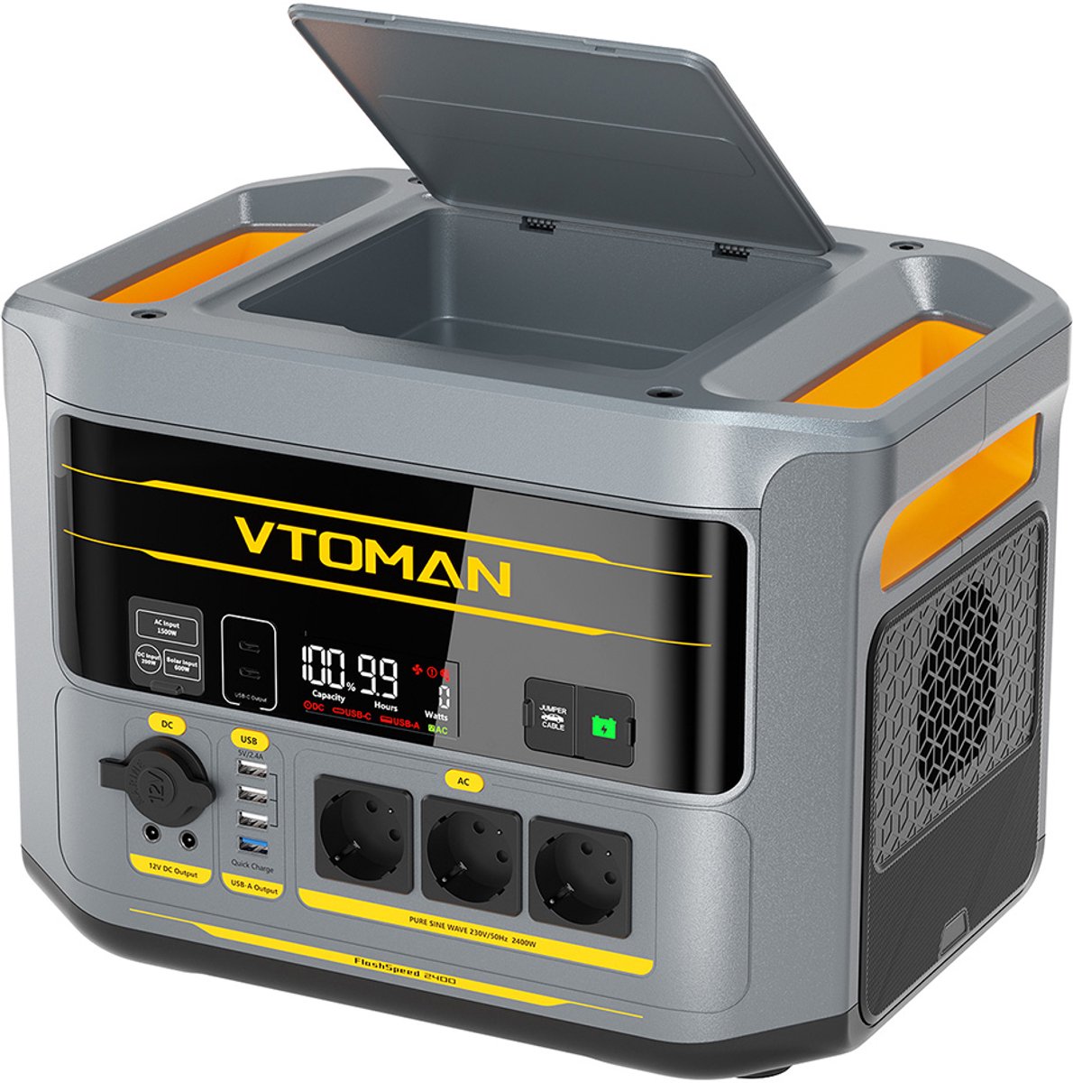 VTOMAN FlashSpeed ​​2400 draagbare powerstation, 1408Wh LiFePO4-batterij, 2400W wisselstroomuitgang, 3200W piekvermogen, 12 uitgangspoorten, 100W USB-C, 600W zonne-energie-ingang, 1500W wisselstroomingang, UPS <10ms