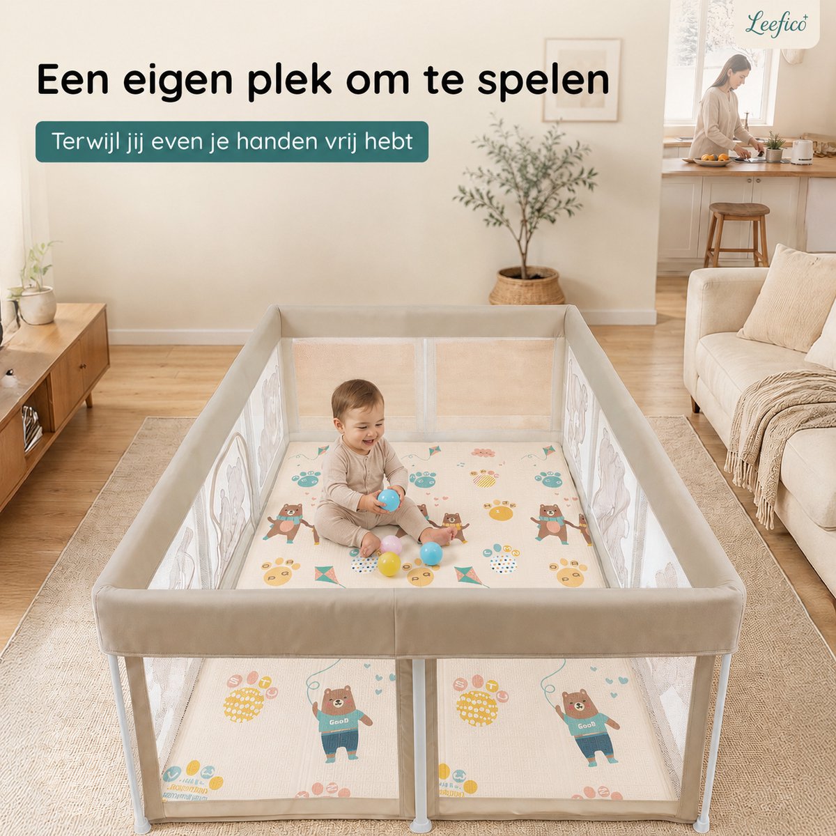 Leefico Grondbox Baby 180x120 cm - Zeer snel inklapbaar - Opvouwbare Baby Box met Speelmat - Speelbox - Kinderbox - Playpen Baby - Beer Patroon Beige – foto 7