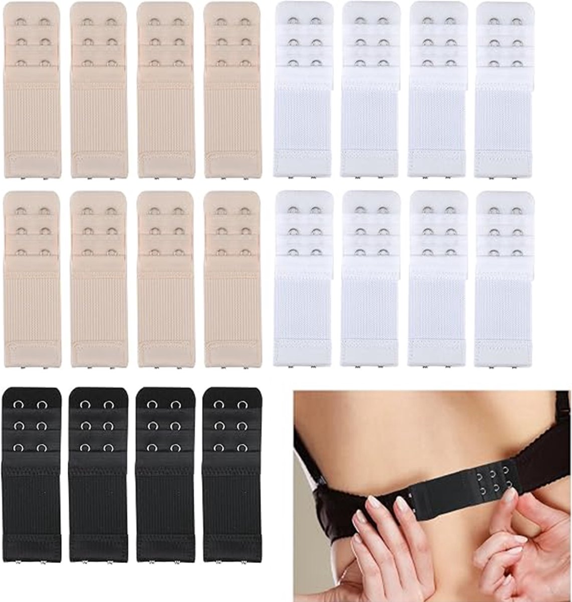Verpakking van 24 bh-verlengstukken met 2 haakjes, verstelbare nylon bh-bandjes en roestvrijstalen haakjes, comfortabel en veelzijdig, geschikt voor alle bh-maten