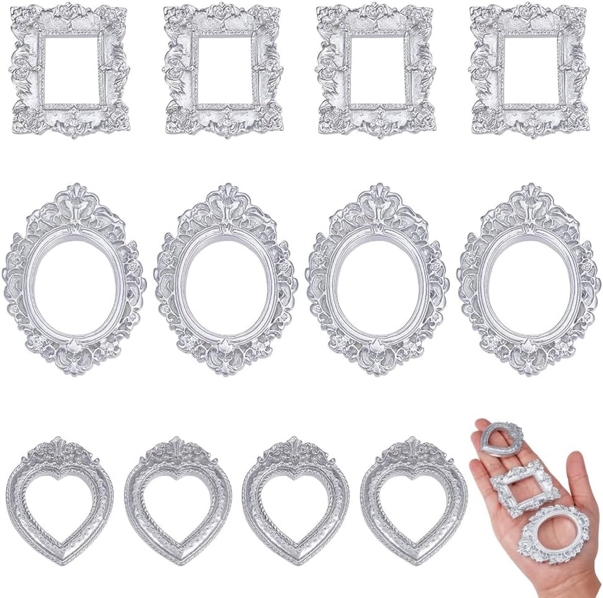 12 Pieces - Embossed Mini Photo Frame - Retro Mini Photo Frame - Plastic Material - Small and Exquisite - Desktop Display Frame - DIY - Silver - 15*10*4cm