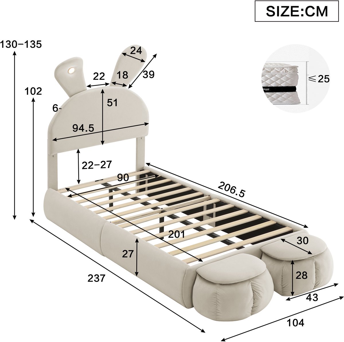 WUVRIE Gestoffeerd bed 90x200 cm met konijnenoortjes, LED en 2 opberghockers, beige