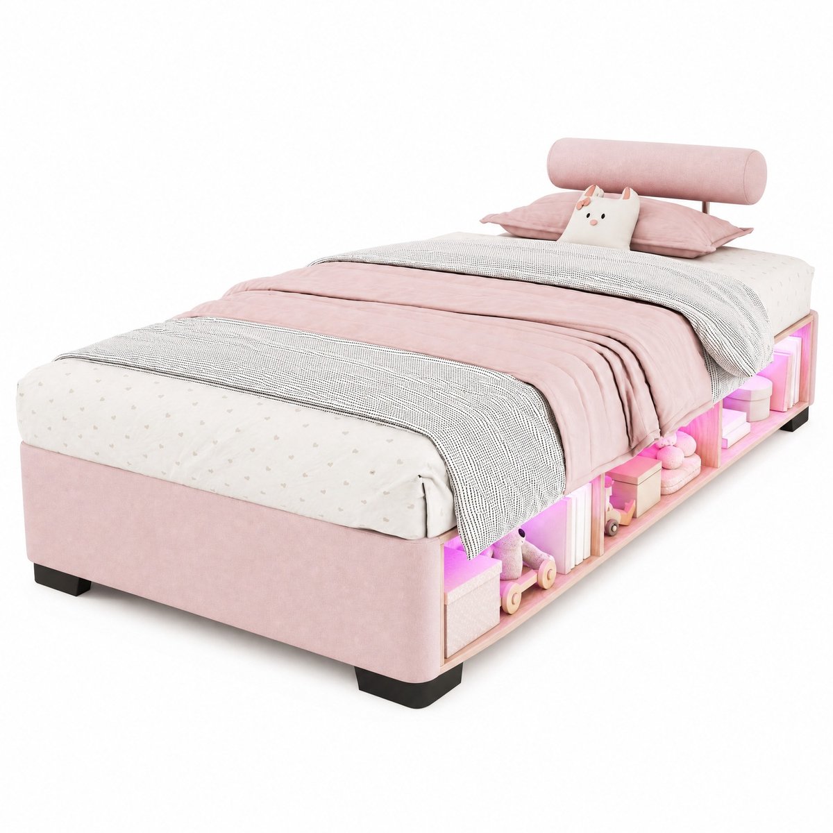 WUVRIE Kinderbed 90x200 cm met LED en open opbergvak, roze voor kinderkamer