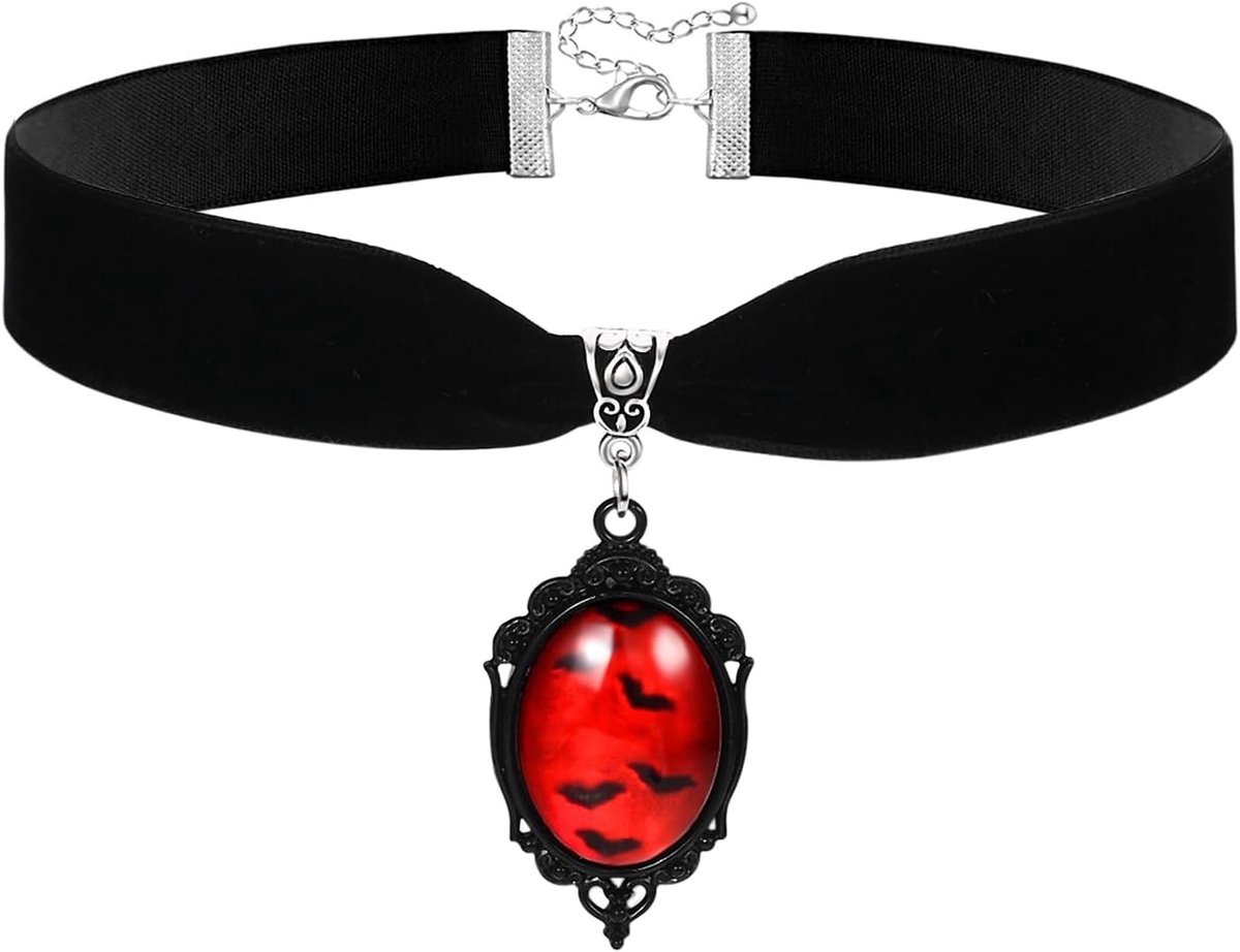 Gothic Choker Ketting voor Dames: Zwarte Fluwelen Kraag met Rode Kristallen Vleermuis Hangertje, Verstelbare Victoriaanse Stijl voor Halloween en Feestelijke Kostuums