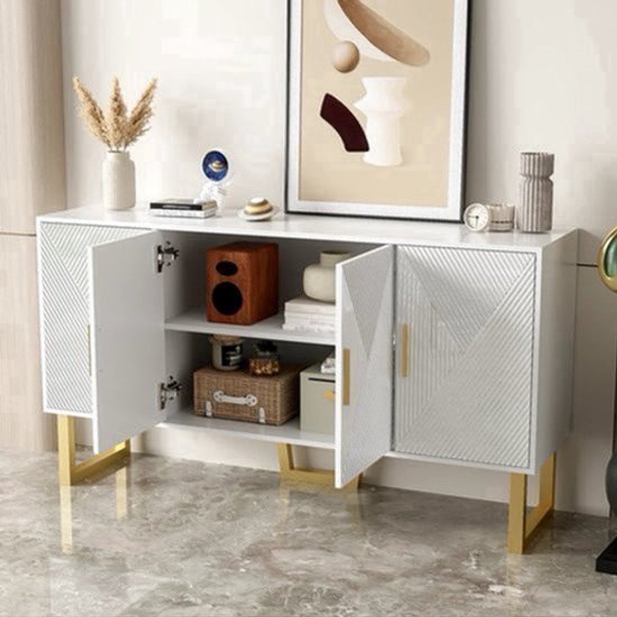 Dressoirkast – Dressoir – Opbergkast – Kast – Witte Kast – Hoogglans Deuren – Matte Gouden Pooten