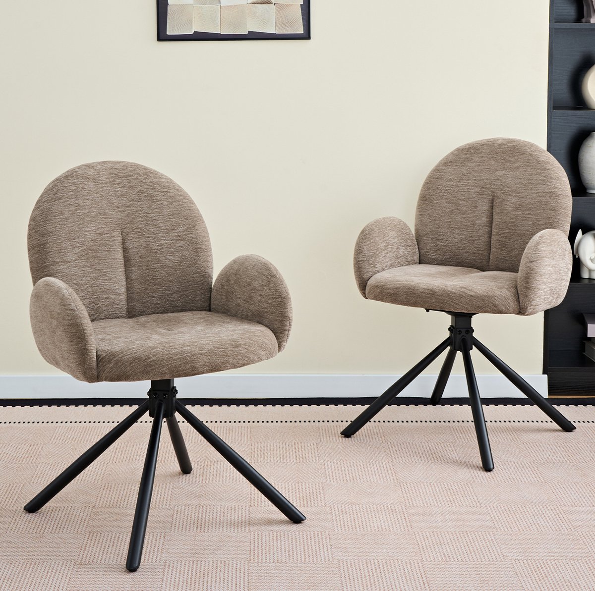 DESMIU Eetkamerstoel - Draaibare Armstoel - Set Van 2 - Met Zachte Bekleding - Voor Eetkamer, Woonkamer En Werkkamer - Chenille Taupe Zwart