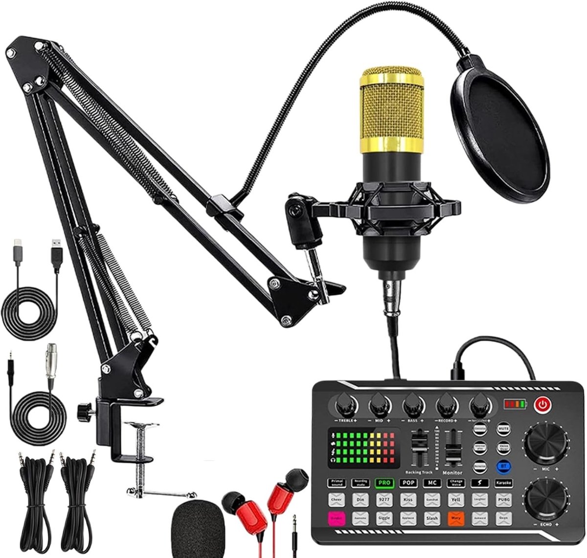 Complete Podcast Equipment Bundle met Live Sound Card, BM800 Microfoon, DJ Mixer Effecten en Voice Changer voor Streaming, Gaming en Creatieve Content Creatie