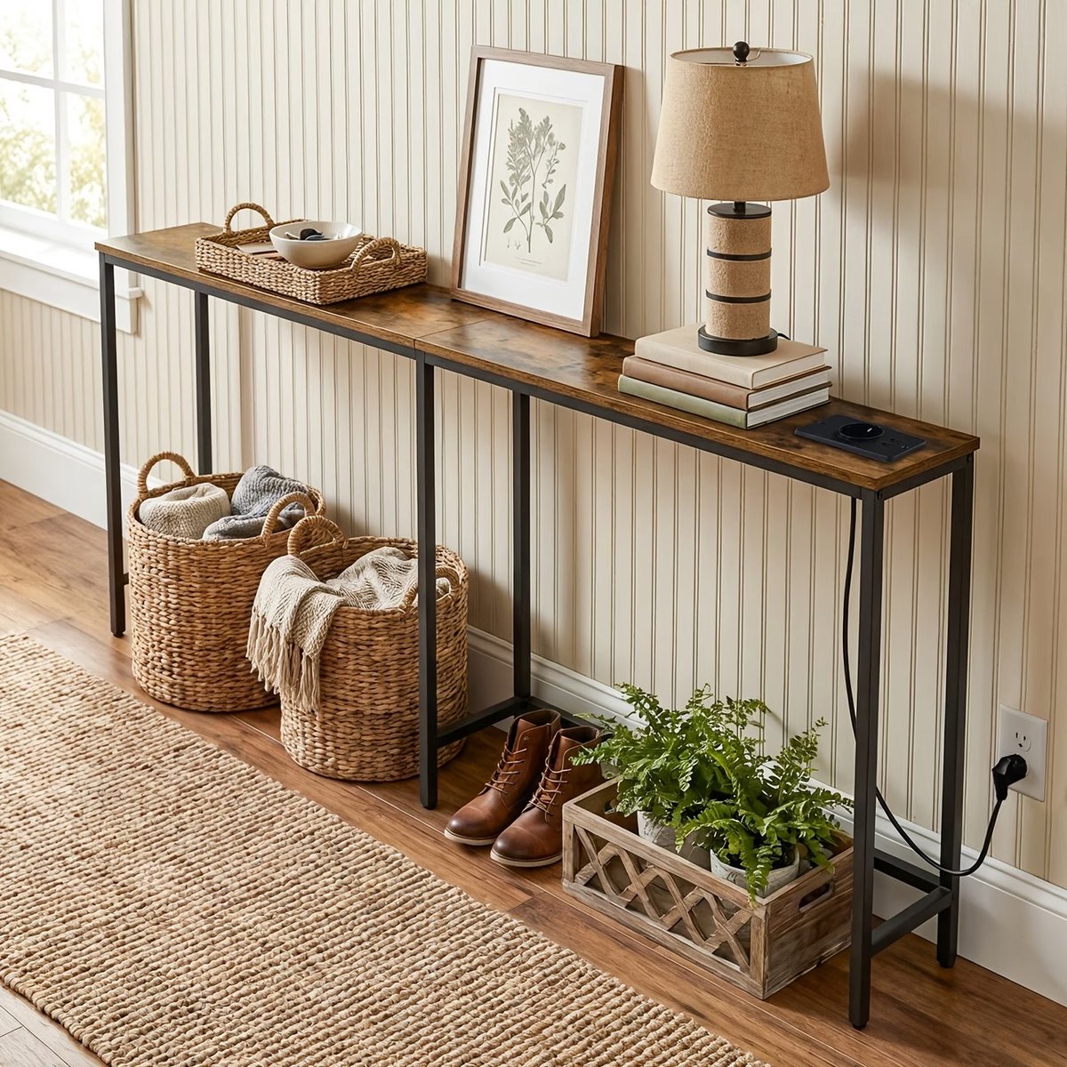 Smalle Console Tafel – Lange Sidetable & Banktafel voor Kleine Ruimtes – Slanke Opbergtafel voor Achter de Bank – Moderne Haltafel & Entreetafel – Nachtkastje voor Slaapkamer – Woonkamer, Hal & Entree – Bruin