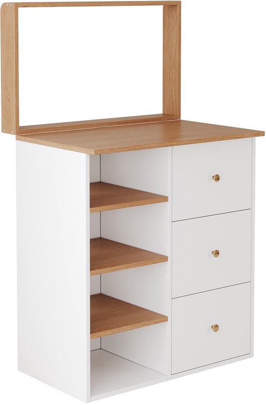 Witte commode met drie lades, gouden knoppen en open zijplanken, getoond met het houten opzetstuk omhoog.