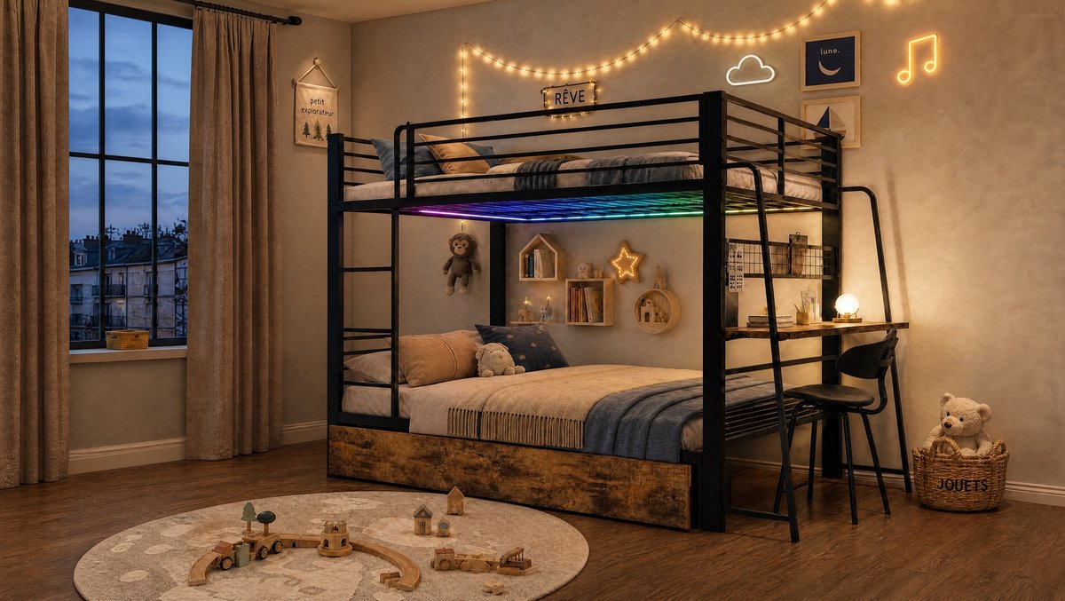 Hoogslaper 140x200 cm Zonder Matras - Met Bureau en 2 Laden - Met LED Verlichting en Ladder - Met Uitvalbeveiliging - Metalen Frame - Zwart