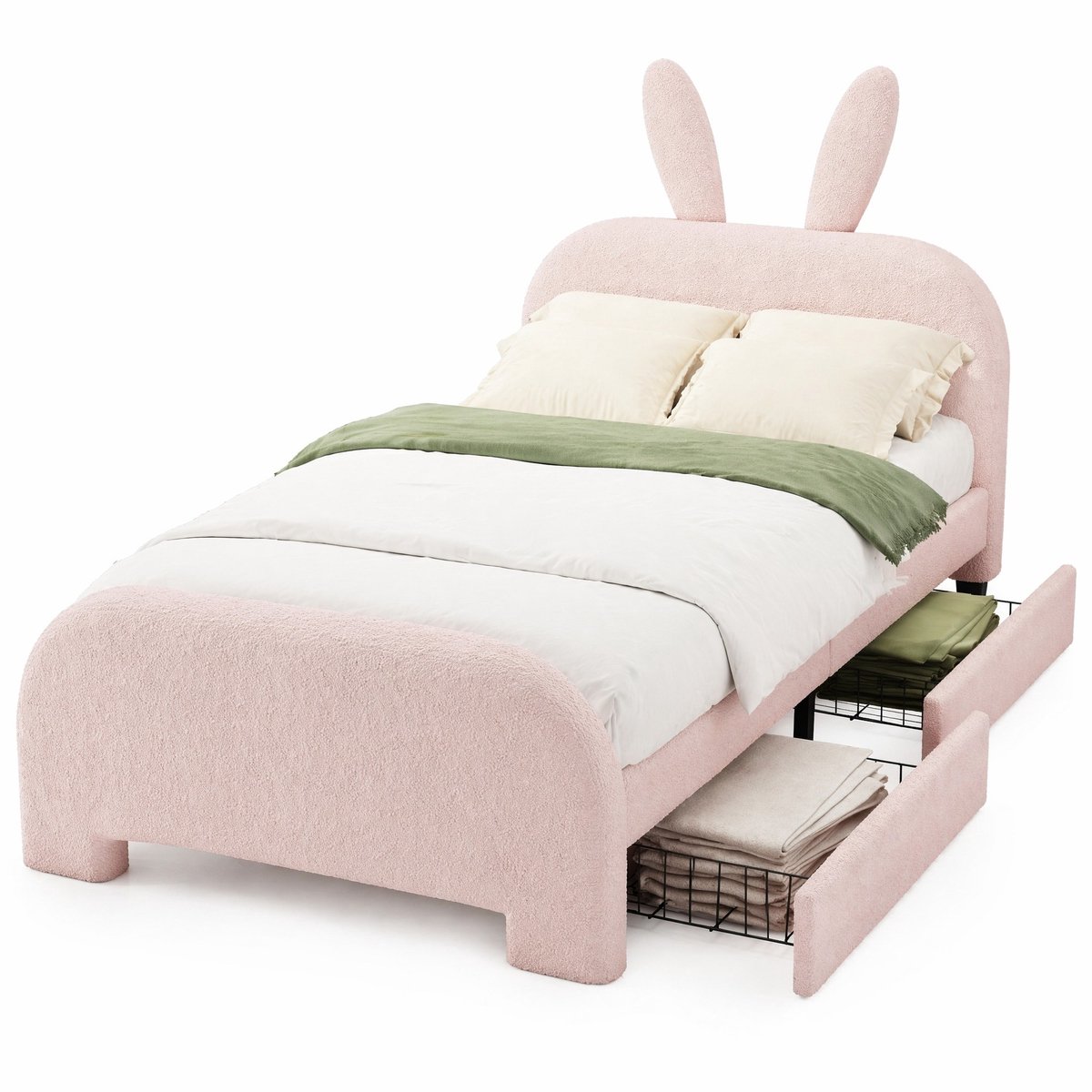 WUVRIE Kinderbed 90x200 cm met zachte bekleding, cartoon konijn en 2 lades, roze