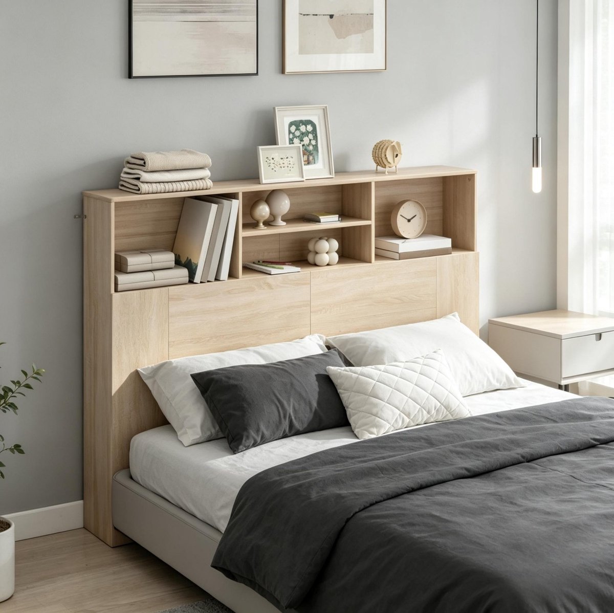 REDOM - Hoofdbord met opbergruimte - 4 open vakken - Wandmontageset inbegrepen - Modern design - Voor 140 cm bed - Spaanplaat en MDF - Naturel - 140 x 19 x 103,5 cm