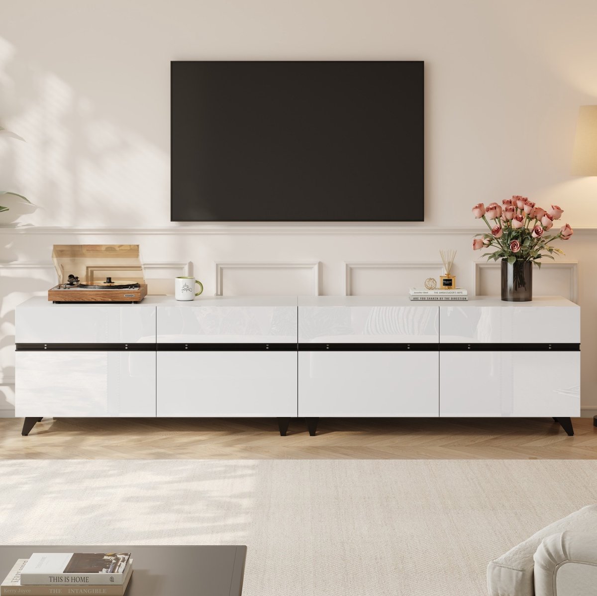 TV Meubel - Hoogglans Voorzijde Met 4 Kasten En Verstelbare Scheidingswanden - Woonkamer - MDF - Wit - 180x40x49 Cm