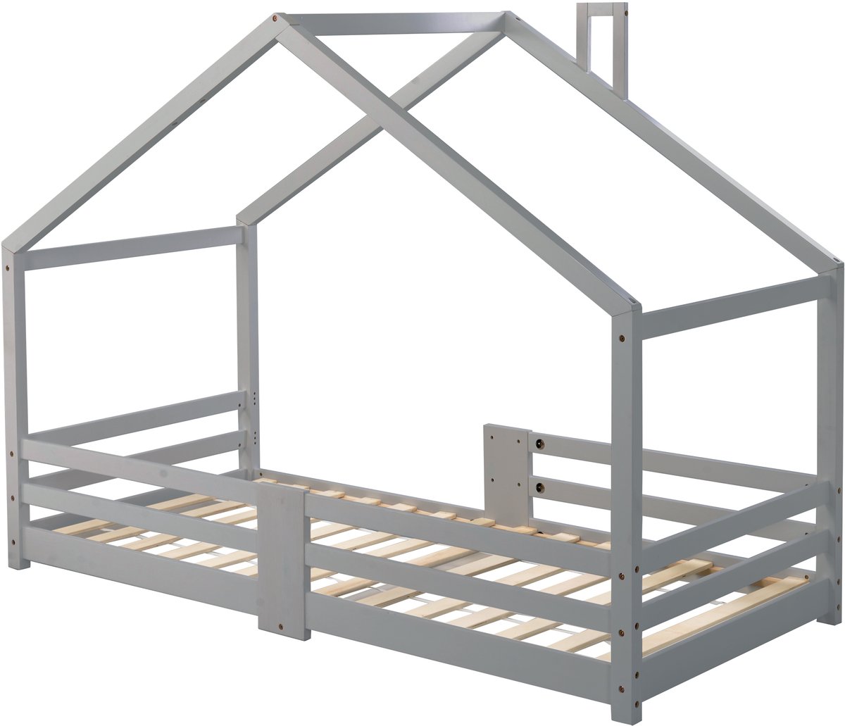 WUVRIE Huisbed kinderbed 90x200 cm van hout met schoorsteen, grijs