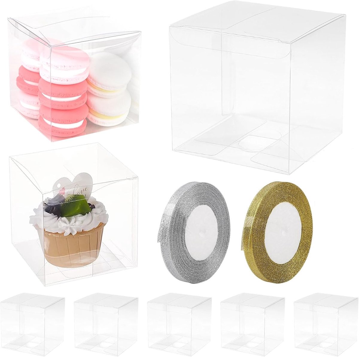 30 Stuks Transparante Plastic Cadeau Dozen voor Verpakking van Kerstcadeaus en Trouwen met 2 Rollen Gouden en Zilveren Linten (9x9x9cm)