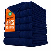 Set van 6 donkerblauwe Komfortec handdoeken, 50x100 cm, met OEKO-TEX label op een oranje kaart.