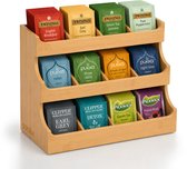 Houten theedoos met 3 lagen, gevuld met 12 theezakjes van Twinings, Pukka, Clipper en Pickwick.