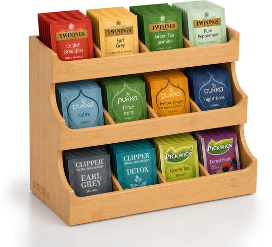 Houten theedoos met 3 lagen, gevuld met 12 theezakjes van Twinings, Pukka, Clipper en Pickwick.