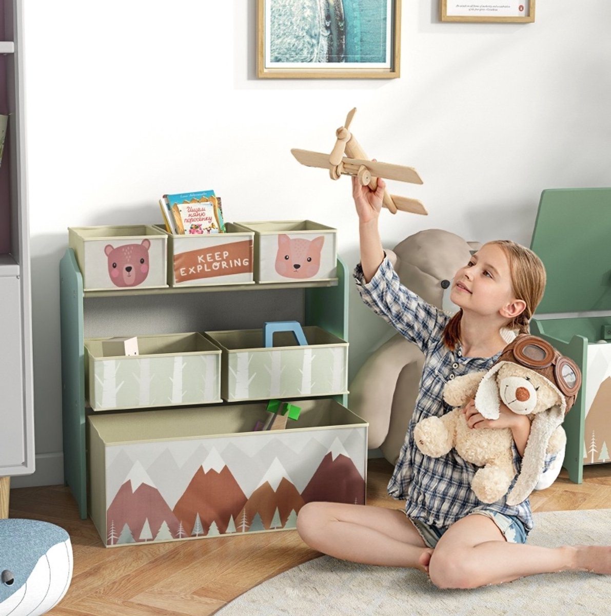 MODFU Kinderkast - 6 Stoffen Boxen - Open Vakkenkast - Kinderkamer - Hout - Groen - 63x30x66 Cm