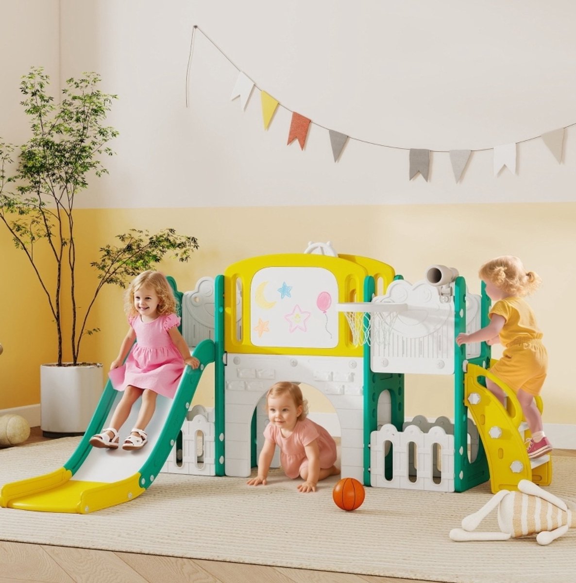 MODFU - 7-In-1 Kinderspeelset - Glijbaan - Klimwand - Binnen Buiten - Kunststof - Geel Groen