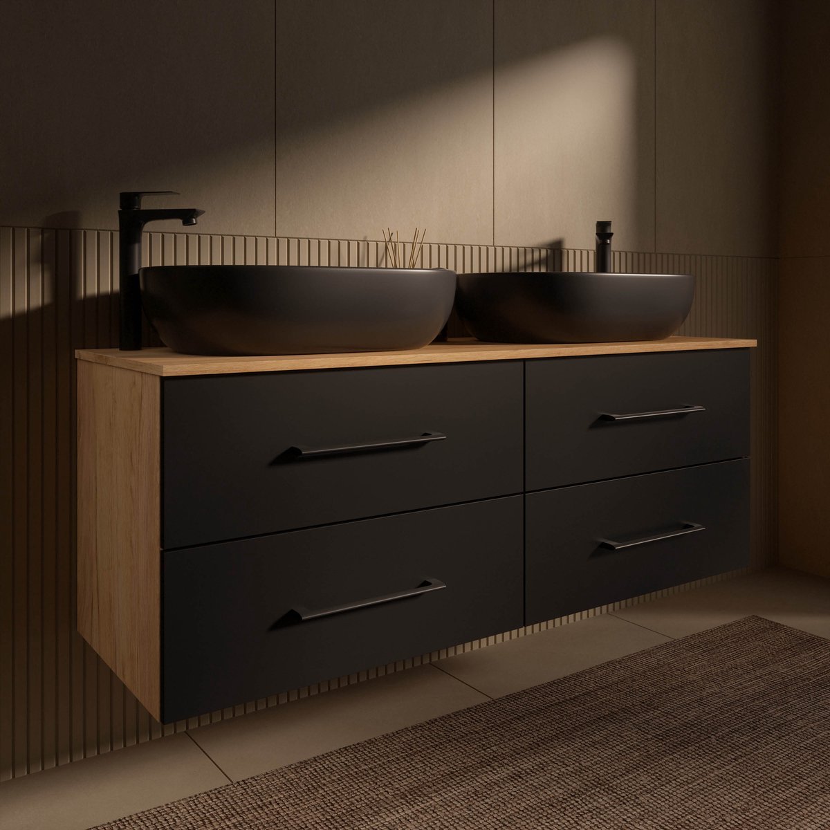 Planetmöbel LUX Dubbel Badmeubel 140 cm 2x Wastafel 60 cm Zwart