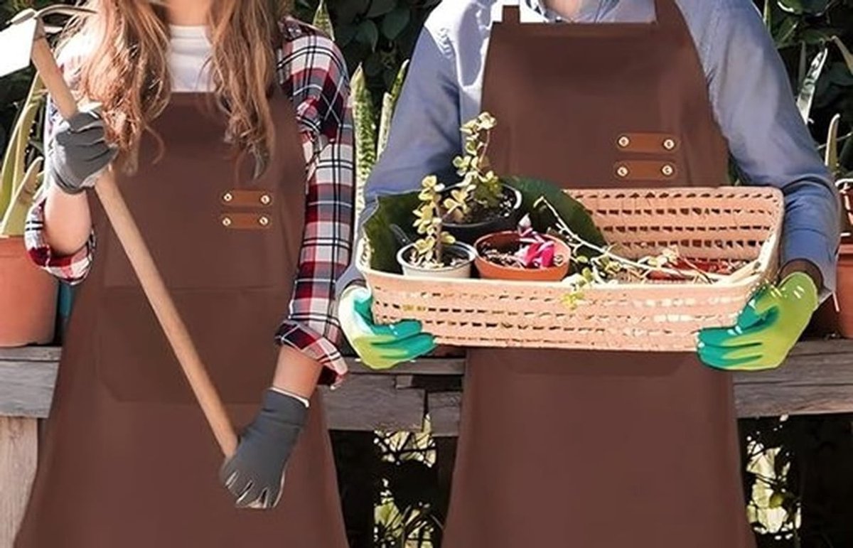Verstelbaar schort, waterdicht en waterafstotend, met grote horizontale zakken, uniseks, geschikt voor koken, grillen en werken (koffiekleur). Lengte 73 cm, breedte 70 cm.