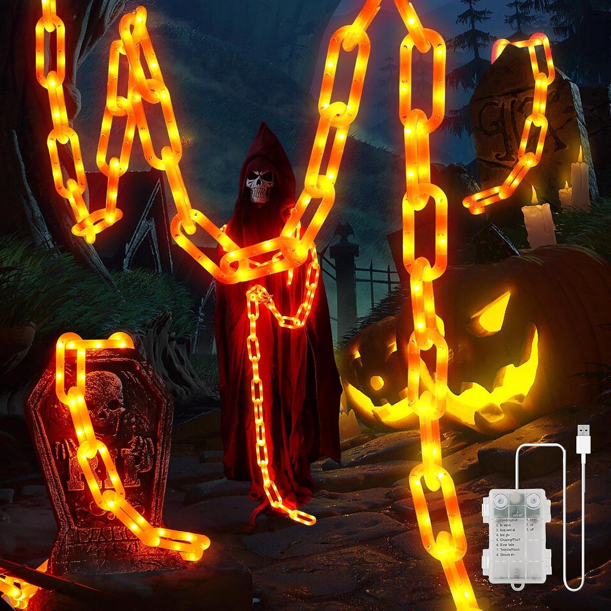 KZQ Halloween decoratie - Halloween verlichting - Lichtsnoer - Kunststof lichtsnoer met 100 LED's - 8 standen - Waterdicht - 2 m - Oranje