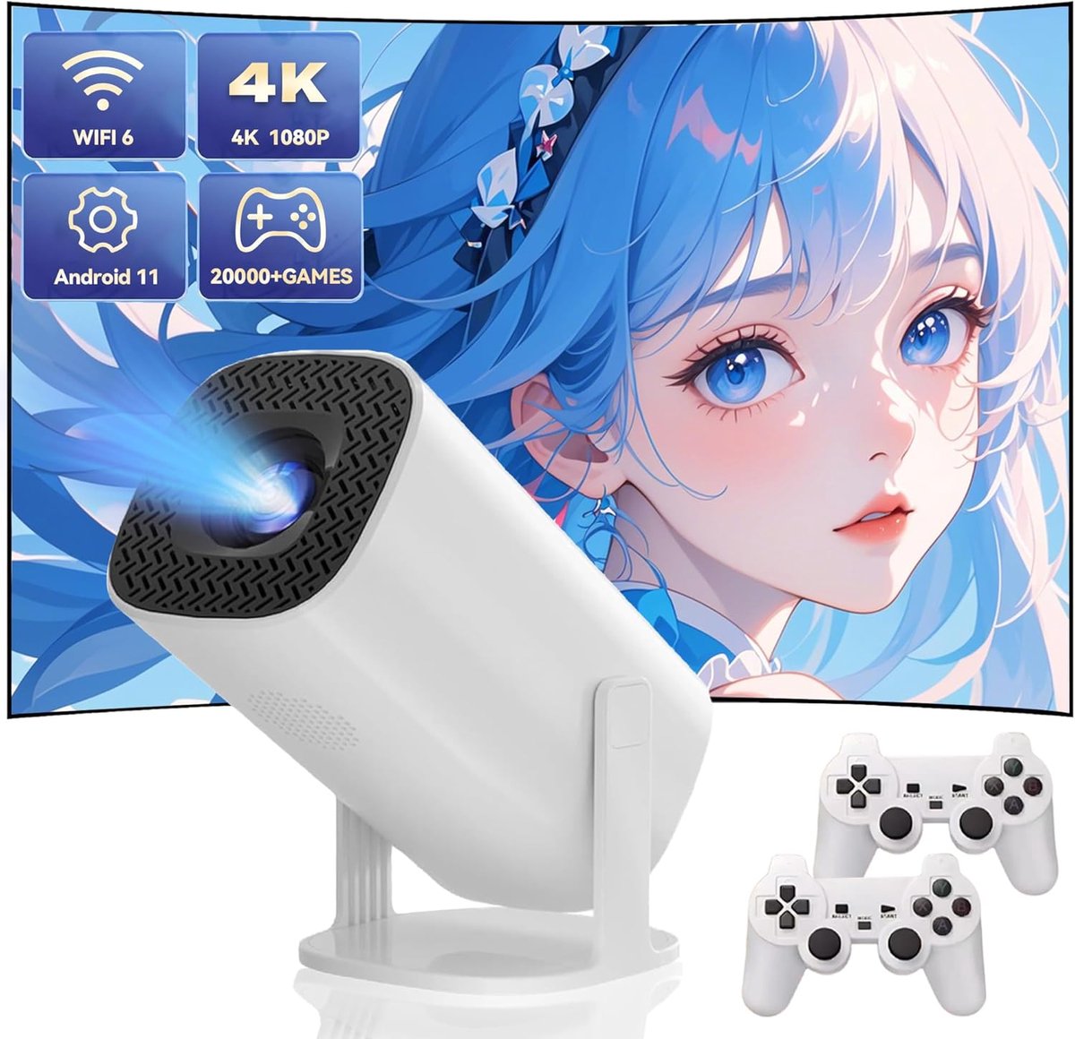 ECTEATOY® Mini Beamer – HD Smart Projector met WiFi 6 & Bluetooth 5.4 – 4K Support – Inclusief 2 Draadloze Controllers & Retro Games – Wit