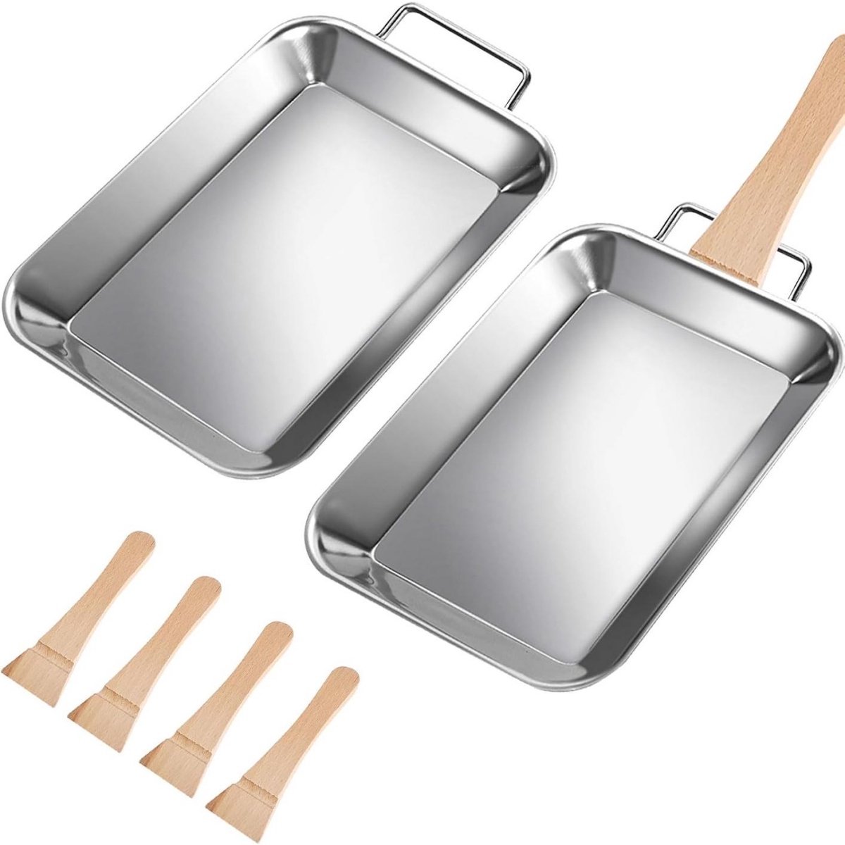 SSTRWGOOD 2 Stuks Grillpannen - Roosterpan Set - 20x12.8x2cm - Hittebestendig en Gemakkelijk Schoon Te Maken - Geschikt voor Dagelijks Koken en Barbecue - RVS - Inclusief 4 Houten Handvatten als Leplepel en Draaggreep