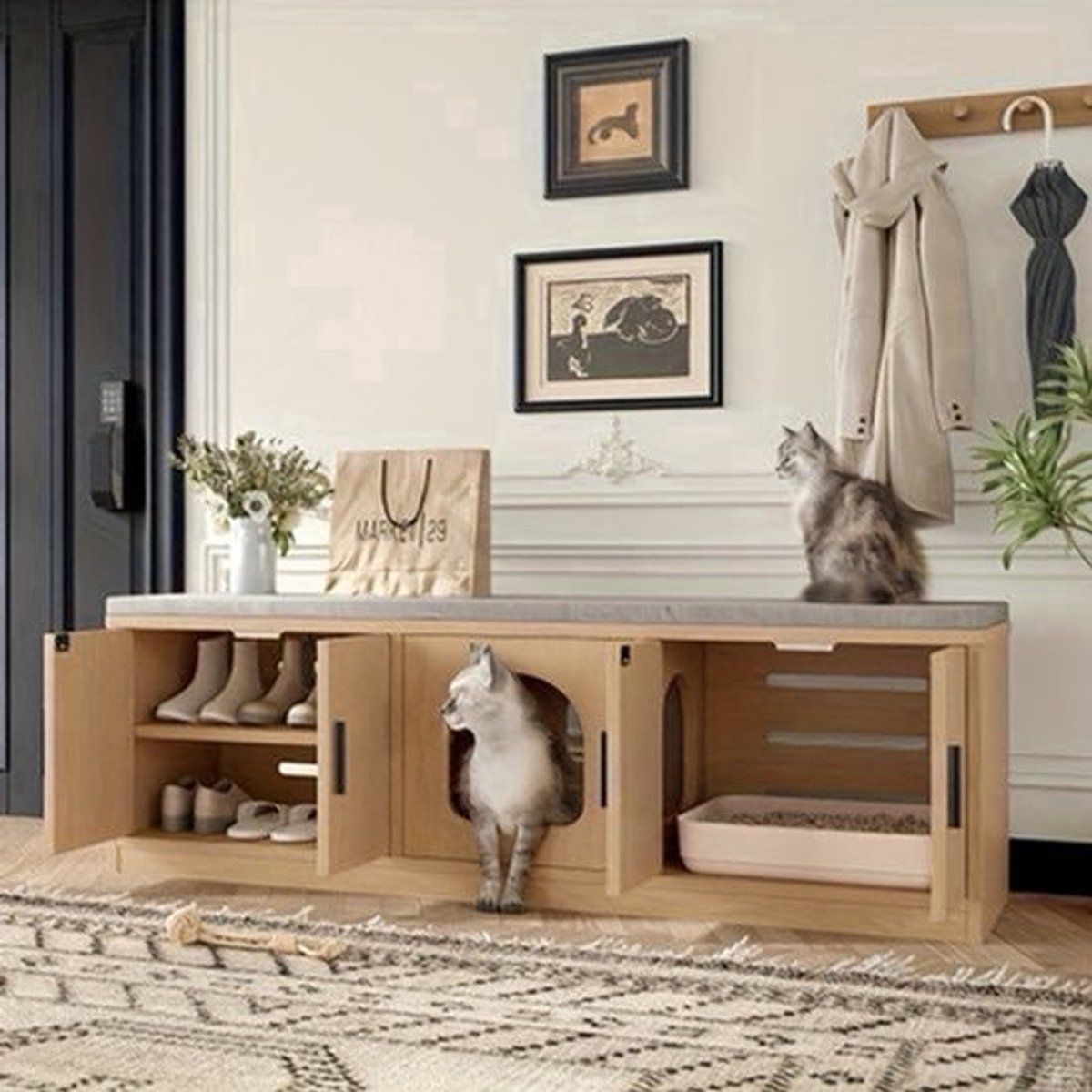 Kattenbakmeubel – Kattenbak Kast – Kattenbakkast – Kattenhuis – Kattenbak Ombouw – Verborgen Ontwerp – Geïntegreerde Krabpaal – Ruim Opbergvak – Natuurlijk Materiaal
