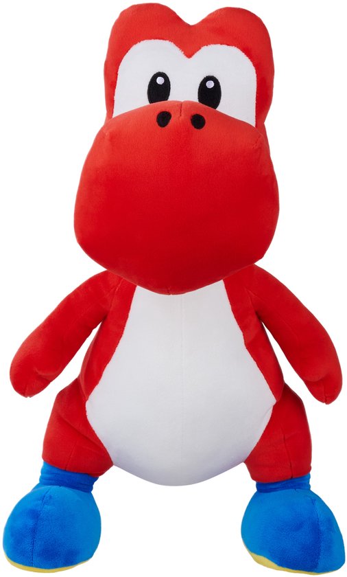 Grote rode Yoshi knuffel met witte buik en blauwe schoenen.