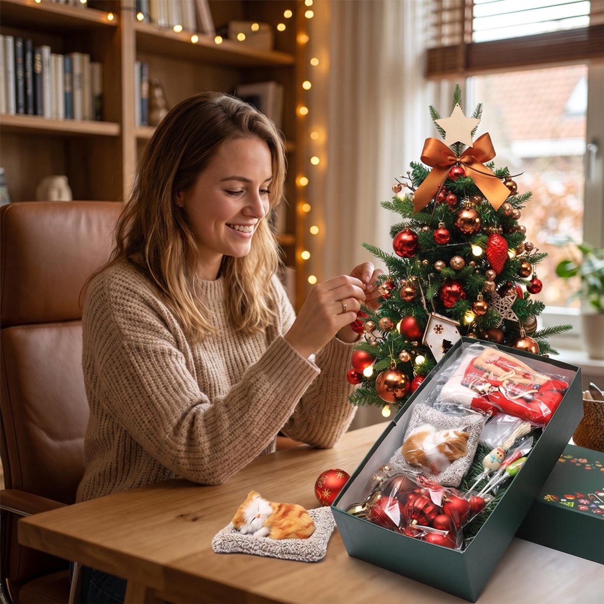 Mini Kunstkerstboom 60 cm Voor Cadeauset- Tafelkerstboom 60 cm met Kerstmuts ,Kerstsok , Pluche katje, LED, Kerstdecoratie, PVC+PE & Houten Voet – Sfeervolle Tafelkerstboom – Tafel Decoratie – Kerst Versiering voor Thuis & Kantoor – foto 6