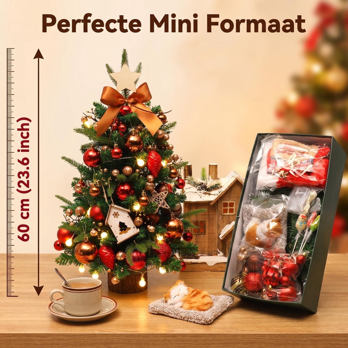 Mini Kunstkerstboom 60 cm Voor Cadeauset- Tafelkerstboom 60 cm met Kerstmuts ,Kerstsok , Pluche katje, LED, Kerstdecoratie, PVC+PE & Houten Voet – Sfeervolle Tafelkerstboom – Tafel Decoratie – Kerst Versiering voor Thuis & Kantoor – foto 4