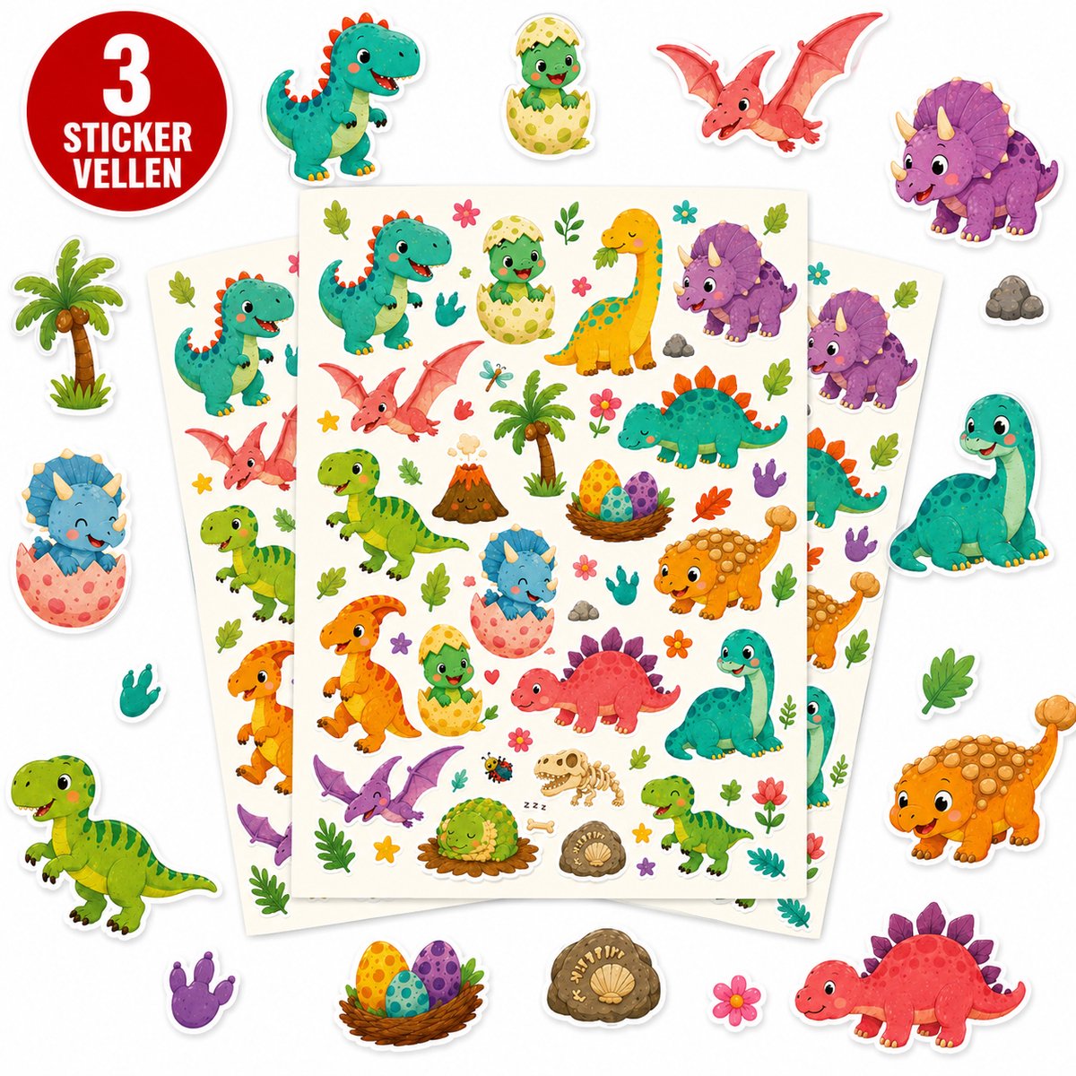 Dino Stickers - 3 Stickervellen - Stickers voor Kinderen - Dinosaurus Speelgoed