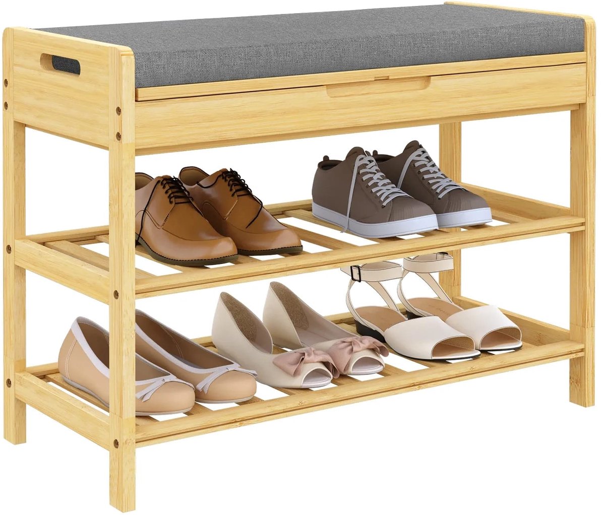 Klarven® Schoenenkast - Met Zitting en Bamboe Frame, 2 Open Vakken Plus Verborgen Vak - Draagkracht 150 kg, Eenvoudig Monteren - B 68 x D 30 x H 50 cm
