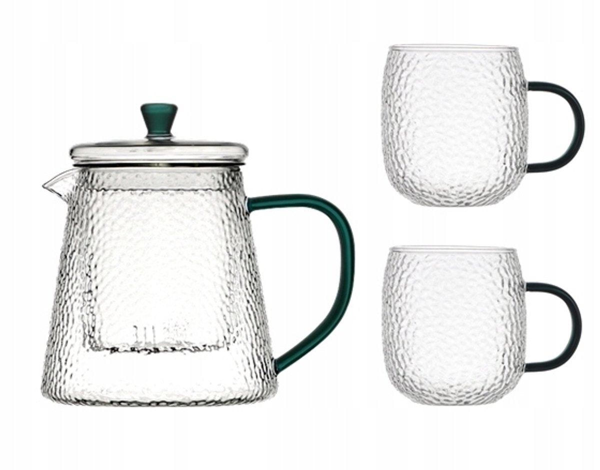 Glazen Theepot met 2 Mokken, Borosilicaatglas, Groen