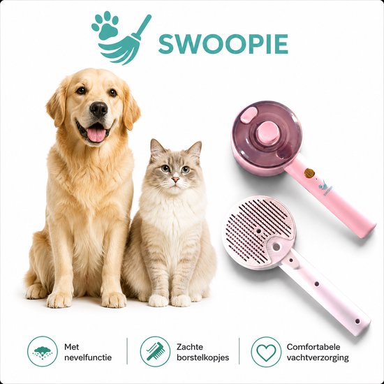Een witte Swoopie stoomborstel met een roze handvat en een rond, doorzichtig deel aan de bovenkant. Naast een golden retriever en een ragdoll kat.